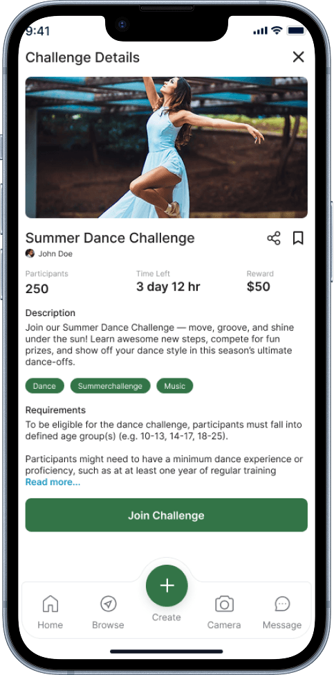 Mobile app displaying challenge management dashboard with analytics