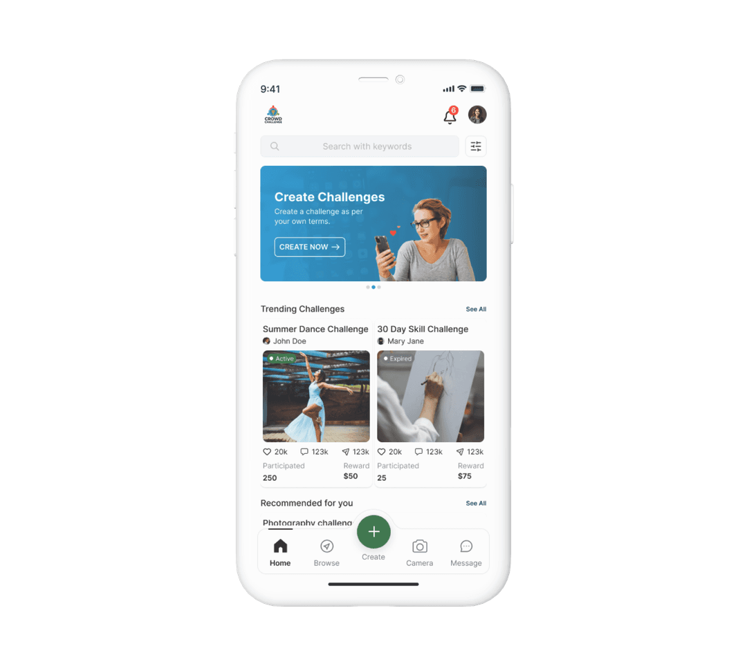 Crowd Challenge app interface showing how easy it is to create and join challenges
